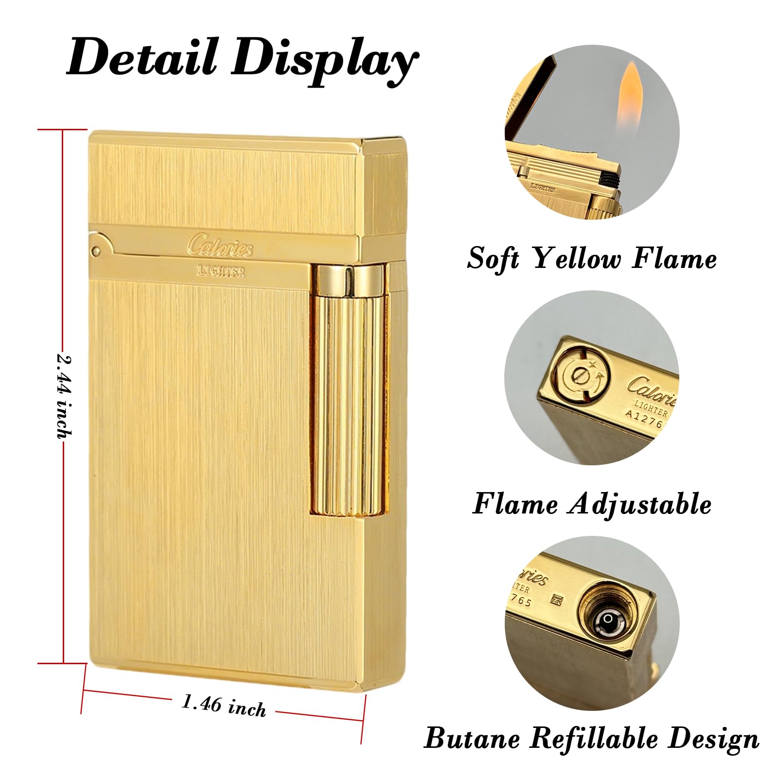 Premium Brass Lighter, Adjustable Soft Flame, Classic Ping Sound, Elegant Gift for Men, Father, Husband, Boyfriend (Gold)